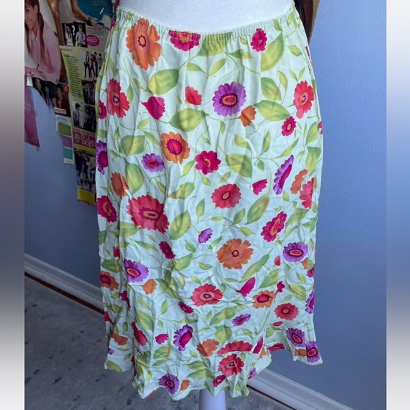 Y2K Green Midi Skirt with Multi Color Flowers Talbots - Picture 3 of 8